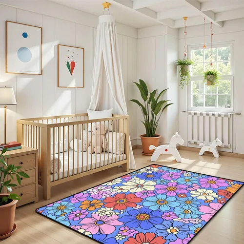 Vista 6 de Alfombra colorida estilo retro de los años 60 y 70 dibujada a mano, floral, lila, púrpura, flores, alfombra de juego para exteriores, alfombra