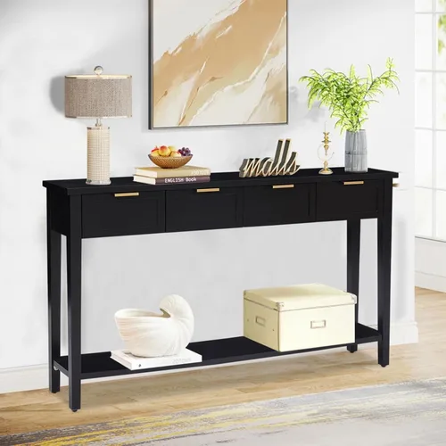 Vista 3 de Mesa consola con cajón, mesa de entrada larga estrecha con estante inferior para pasillo, entrada y sala de estar, color negro