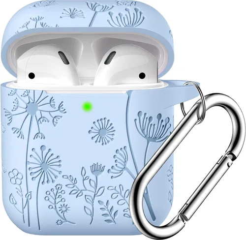 Vista 20 de Lerobo - Funda con grabado de flores para carcasa de AirPod, protector de silicona suave y elegante con llavero compatible con carcasa de carga