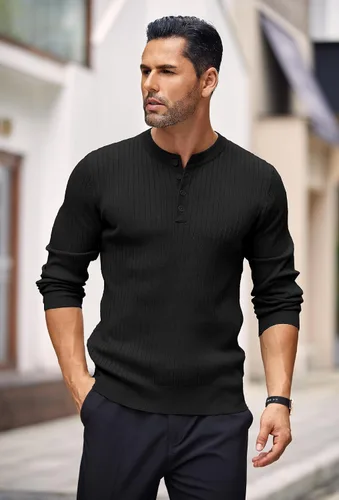 Vista 16 de COOFANDY Suéter de punto Henley para hombre, manga larga, con botones, ligero, para otoño, ajustado, acanalado