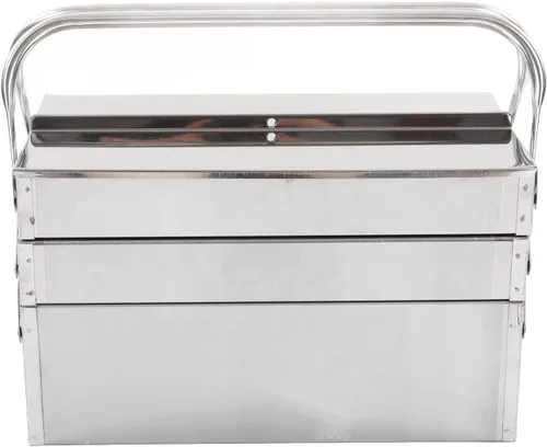 Vista 7 de Caja de herramientas de metal, caja de almacenamiento plegable portátil de acero inoxidable, 3 capas y 5 bandejas, organizador de herramientas