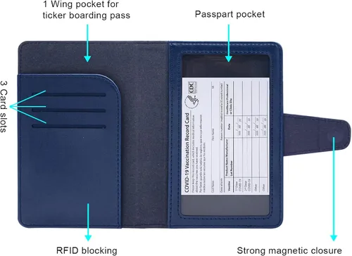 Vista 2 de Teskyer Combo de soporte para pasaporte y tarjetero de vacunación, apto para tarjeta de vacunación de 4 x 3, funda de cuero para pasaporte