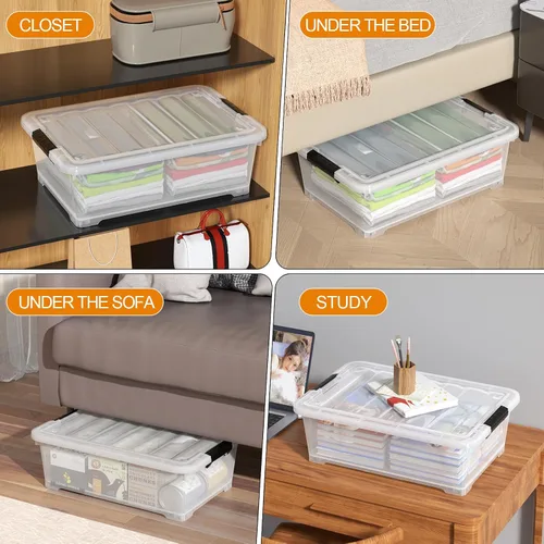 Vista 6 de Saedy 4 paquetes de plástico bajo la cama caja de almacenamiento poco profunda con ruedas 20 L Bajo el contenedor de cama con tapas