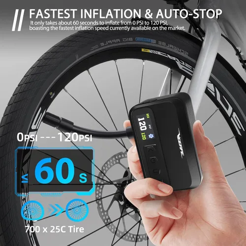 Vista 2 de Tiny Pump Mini Bike Tire Pump - Max 120PSI Portable Electric Bicycle Pump with Fast Inflation Auto Stop - Bicycle Inflator with Presta and Schrader