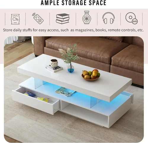 Vista 12 de LUMISOL Mesa de centro rectangular LED con cajón y estante, color blanco