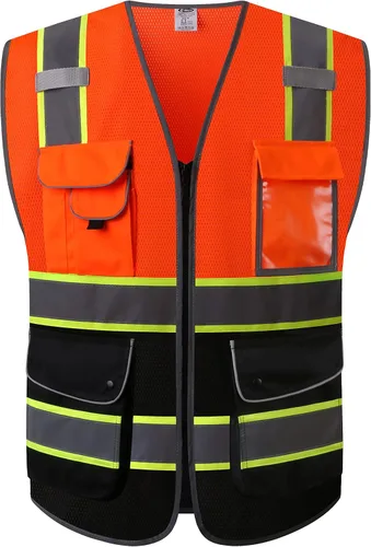 Vista 31 de JKSafety Chaleco de seguridad frontal con cremallera de alta visibilidad Clase 2 de 9 bolsillos con tiras reflectantes, cumple con las normas