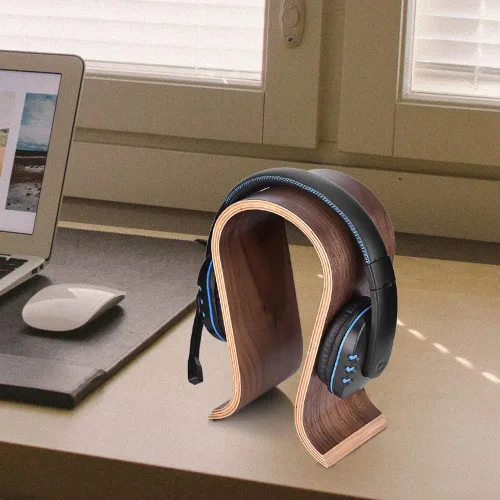 Vista 3 de Percha para auriculares, soporte de madera en forma de U, soporte para auriculares de madera, estante de exhibición de escritorio, soporte