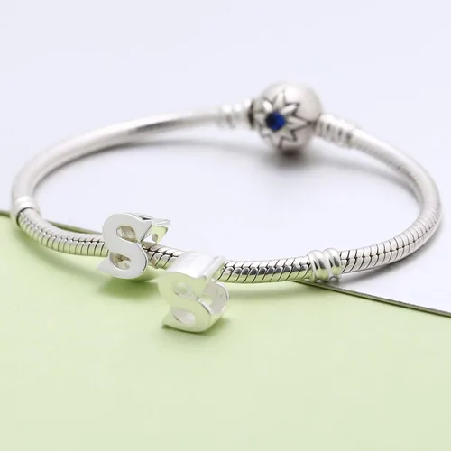 Vista 4 de Abalorio de plata de ley 925 con letra inicial de la A a la Z, se adapta a pulseras Pandora, collar, Plata esterlina
