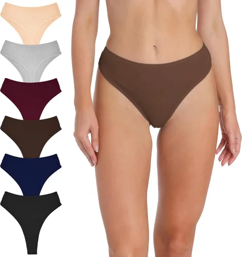 Vista 13 de Tanga de algodón acanalado transpirable sin costuras de cintura alta para mujer, ropa interior de talla grande 2 negro/2 verde/2 vino tinto