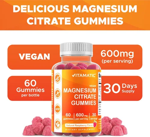 Vista 4 de Vitamatic Gomitas de magnesio de 600 mg por porción, 60 veganas para relajación, músculos, huesos y apoyo energético