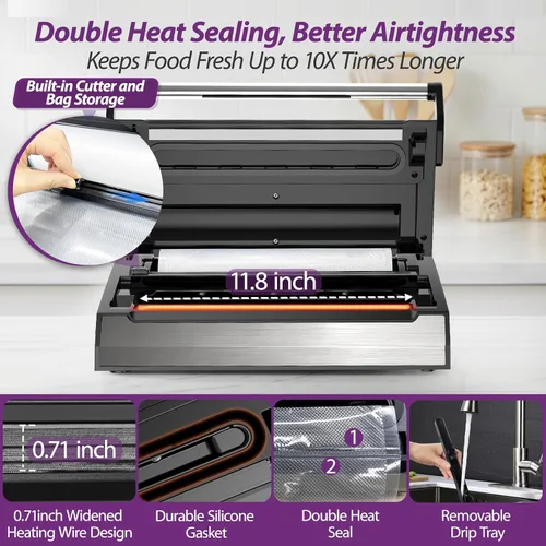 Vista 3 de 98kPa Vacuum Sealer for Food, 10-in-1 Vacuum Sealer Machine