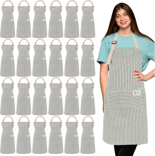 Vista 9 de Janmercy 24 delantales para mujeres y hombres con 2 bolsillos, delantal de cocina de lino, delantal ajustable para chef, delantales a granel unisex
