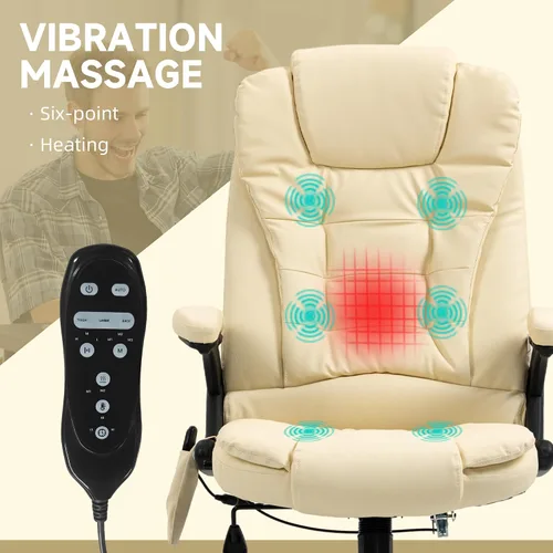 Vista 4 de HOMCOM, silla de oficina ejecutiva, ergonómica, piel sintética, con calor, masaje vibratorio., Cuero, Crema
