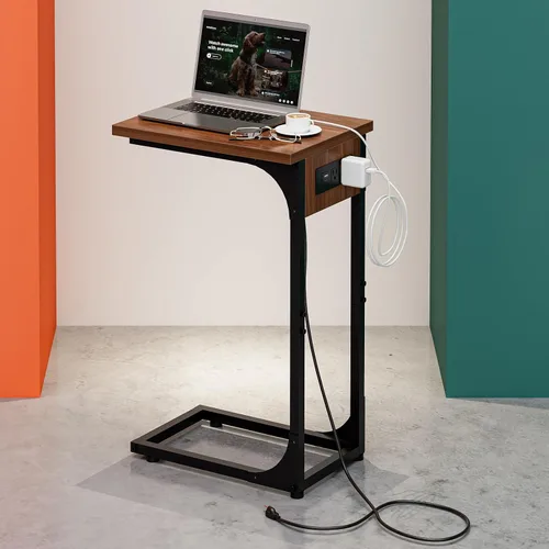 Vista 18 de Mesa auxiliar en forma de C para sofá, soporte de café pequeño, bandeja de sofá con marco de metal, parte superior de madera impermeable resistente
