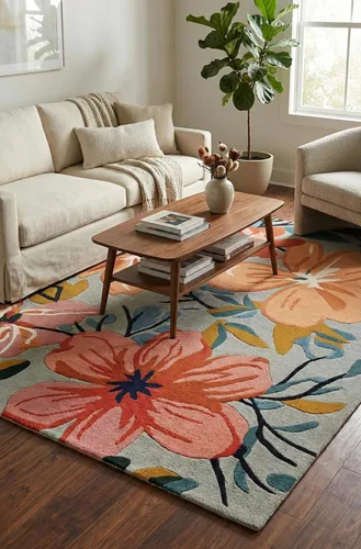 Vista 2 de Restoration and Renovation Alfombra de lana floral copetuda a mano Diseño moderno de flores coloridas, alfombra gruesa y suave para sala de estar