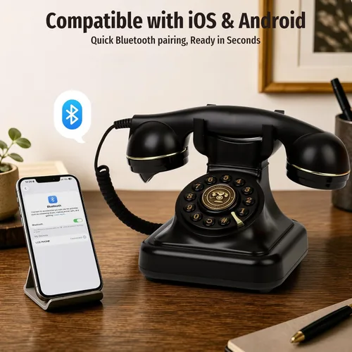Vista 2 de Teléfono retro Bluetooth con altavoz, teléfono fijo Bluetooth, teléfono doméstico Bluetooth con alimentación recargable USB, llamadas manos libres