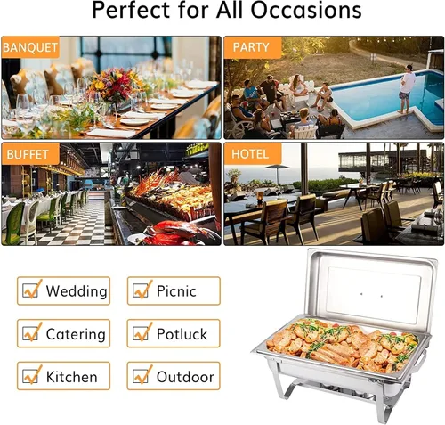 Vista 5 de Juego de 4 platos para bufé de roce de plato: calentador de alimentos de acero inoxidable de 9 cuartos de galón - Servidores de buffet de 9 cuartos
