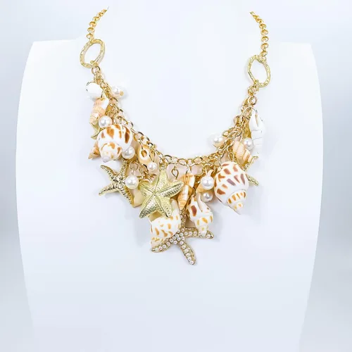 Vista 6 de Halawly Gargantilla de concha de cola de sirena, collar de moda con diseño de concha de mar y estrella de mar de perlas de imitación, collar grueso