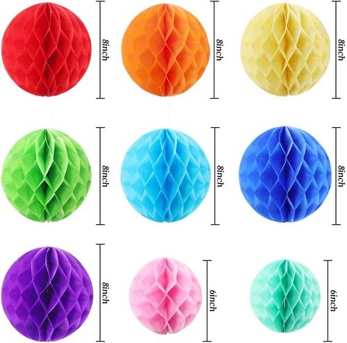 Vista 2 de Decoraciones de pancarta de feliz cumpleaños, juego de decoraciones de cumpleaños de arcoíris, banderas de papel con 9 bolas de panal y guirnalda