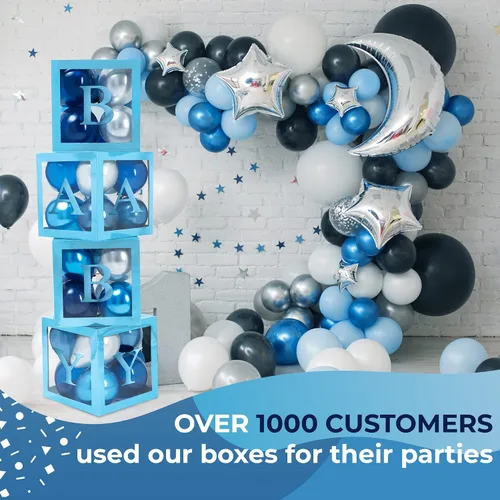 Vista 2 de Cajas de baby shower con letras - Cajas azules metálicas con globos metálicos azules y plateados - Juego de 44 piezas para revelación de género