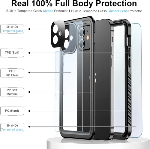 Vista 4 de Funda impermeable para iPhone 12, impermeable, antideslizante, a prueba de golpes, para iPhone 12, color negro
