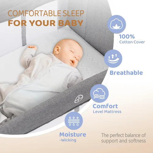 Vista 4 de Joymor Cama de noche para bebé, cambiador, moisés con colchón, cama plegable de viaje, con juguete, ruedas y freno, bolsa de transporte, para niños