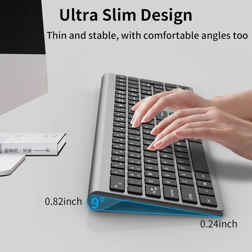 Vista 6 de Teclado inalámbrico delgado de tamaño completo 2.4G con teclado numérico, botón de calculadora, receptor USB, bloqueo Fn, diseño de interruptor