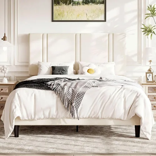 Vista 27 de Allewie Twin Platform Bed Frame with Velvet Upholstered Headboard