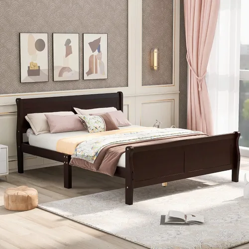 Vista 3 de Cama de plataforma de madera maciza tamaño matrimonial con cabecera y estribo de trineo, base de cama de plataforma de madera completa con Espresso