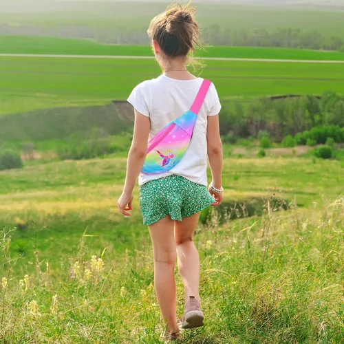Vista 7 de Riñonera de moda para niños y niñas, con cinturón ajustable, cangurera cruzada con 2 bolsas, bolsa de cinturón para niños para viajes, correr