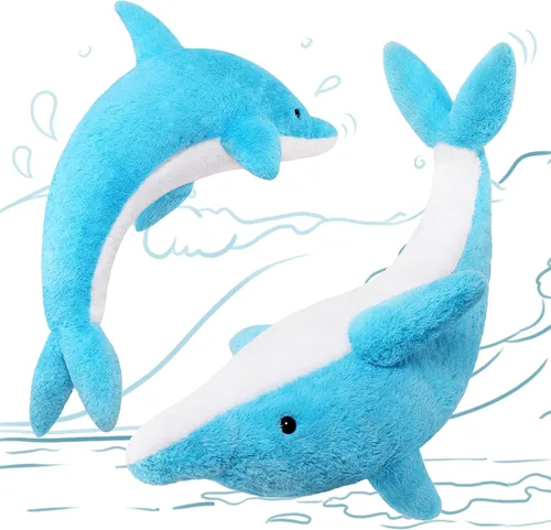 Vista 7 de MorisMos Animales de peluche gigantes de delfín de 55 pulgadas, juguete de peluche grande de delfín azul suave, regalos marinos de océano para niños