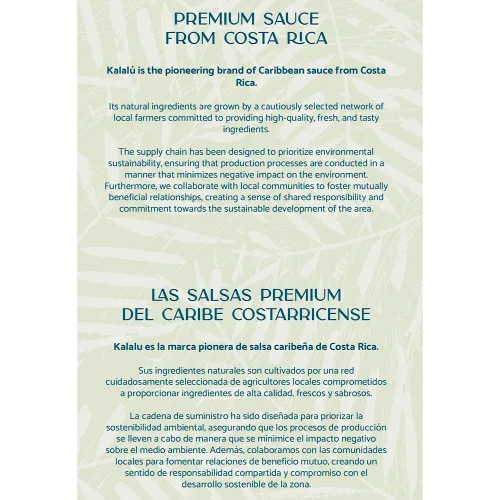 Vista 3 de Salsa Kalalú Premium de Costa Rica. Ingredientes frescos, sabores audaces. Nuestras salsas caribeñas son la verdadera oferta. Sabores surtidos.