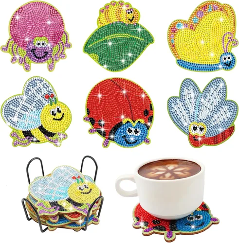 Vista 15 de Kit de 8 posavasos de pintura de diamante con soporte, posavasos de gnomo 5D de diamante, manualidades de arte de diamante, posavasos de diamante