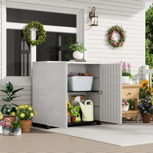 Vista 5 de HOMSPARK Armario de almacenamiento para interiores y exteriores con puertas y 1 estante, caja de almacenamiento de plástico HDPE de 34 x 15 x 34