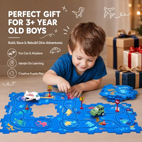 Vista 2 de hahaland Puzzle Racer Juego de Pista de Coches para Niños - Tamaño Más Grande de 5x5 Pulgadas de Cada Pieza, Juguetes para Edades 3-4, para Niños