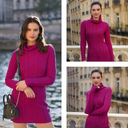 Vista 4 de v28 - Suéter de punto trenzado, cuello alto, tipo vestido, estilo bodycon, de ajuste entallado para mujer