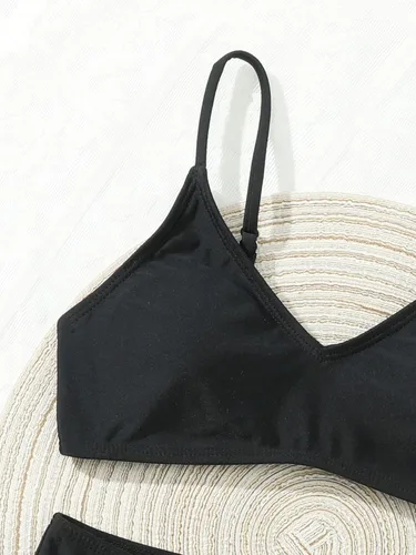 Vista 3 de MakeMeChic Conjunto de bikini sólido de verano para niña, traje de baño de dos piezas, cuello en V, correa ajustable