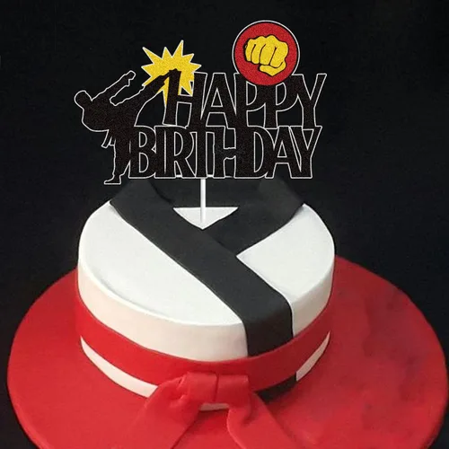 Vista 5 de Decoración para tartas de Karate Happy Birthday con purpurina negra, cinturón negro, suministros de fiesta temática de taekwondo para niños, niñas