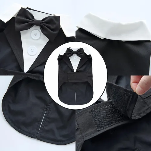 Vista 2 de Esmoquin para cachorro con corbata de moño desmontable, para graduación, boda, uso formal, disfraz de príncipe para perros pequeños (XS, negro)