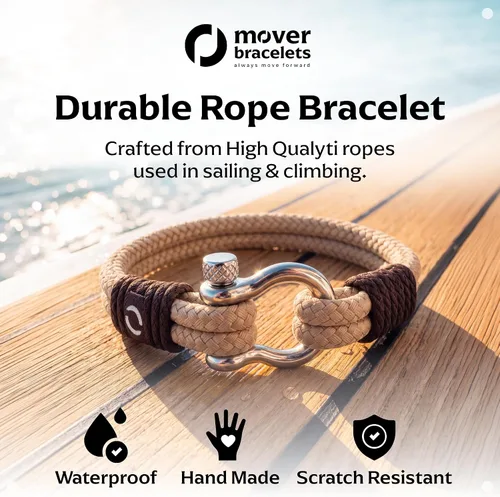 Vista 2 de Pulsera de cuerda para hombre, grillete plateado de acero inoxidable, extremadamente duradera y resistente a los arañazos, impermeable, hecha a Beige