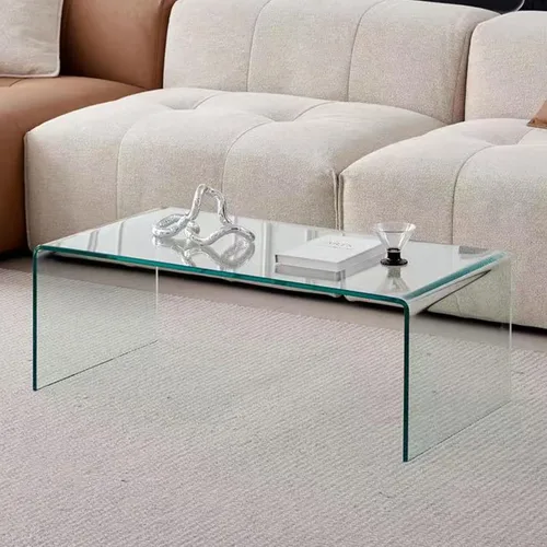 Vista 2 de Mesa de café de vidrio SMARTIK, mesas de café modernas transparentes para sala de estar, pequeña mesa rectangular de vidrio templado en cascada