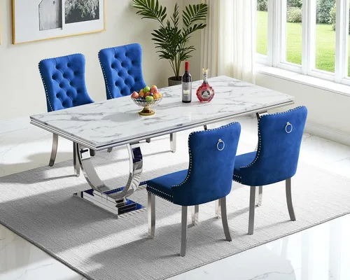 Vista 22 de Juego de 4 mesas de comedor blancas y doradas, mesa de cocina rectangular de 68 pulgadas con parte superior de mármol sintético blanco, mesa de Mesa