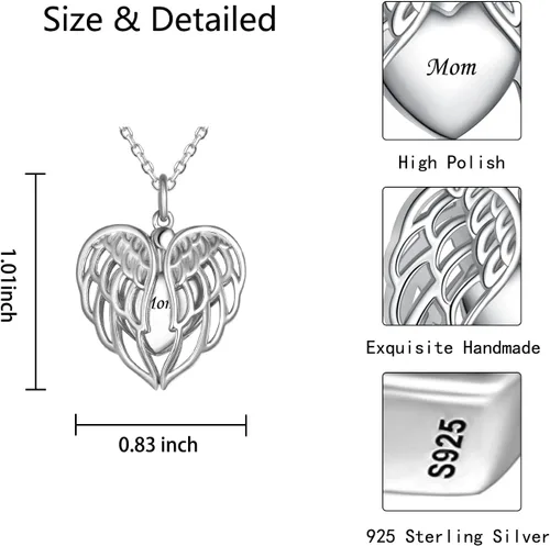 Vista 4 de Collar de plata de ley 925 con alas de ángel conmemorativas para cenizas, joyería de cremación