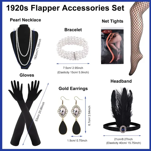Vista 4 de PLULON 1920s Sequin Beaded Fringed Flapper Dress with 20s Accessories Set
