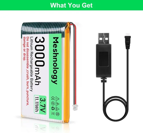 Vista 8 de Batería Li de 3.7 V 3000 mAh con cable de cargador USB 103665 1S Batería LiPo con placa de protección, cinta de goma aislada y enchufe micro JST