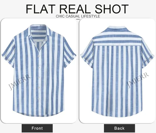 Vista 9 de JMIERR - Camisa de vestir informal de manga corta con botones y rayas para hombre camisa de algodón