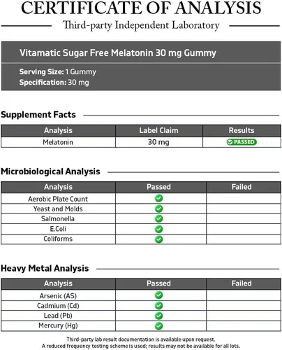 Vista 3 de Vitamatic Melatonina sin azúcar, 30 mg por gomita, 60 porciones, 60 gomitas vegetarianas, suplemento que no forma hábito (60 unidades (paquete de 2))