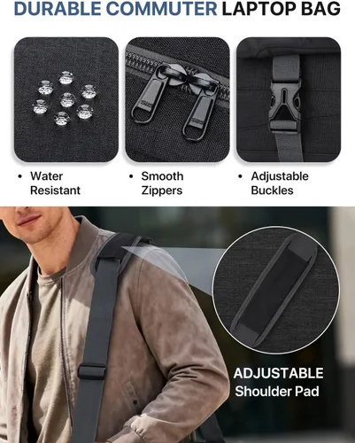 Vista 6 de Bolsa de mensajero para hombre, ligera, resistente al agua, 15.6 pulgadas, bolsa para laptop, bolsa de hombro para oficina de negocios