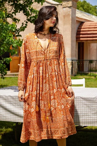 Vista 3 de R.Vivimos - Vestidos por debajo de la rodilla de estilo bohemio para mujer, vestido de manga larga, con estampado floral retro y cuello en V