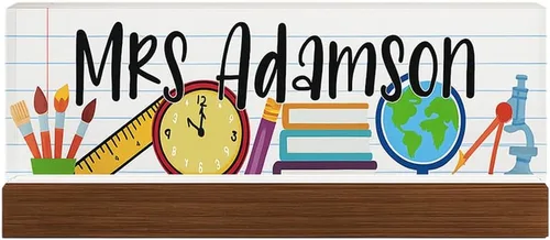 Vista 6 de Placa de nombre personalizada para escritorio para profesores, placa de nombre de acrílico personalizada para maestros con base de madera, letrero